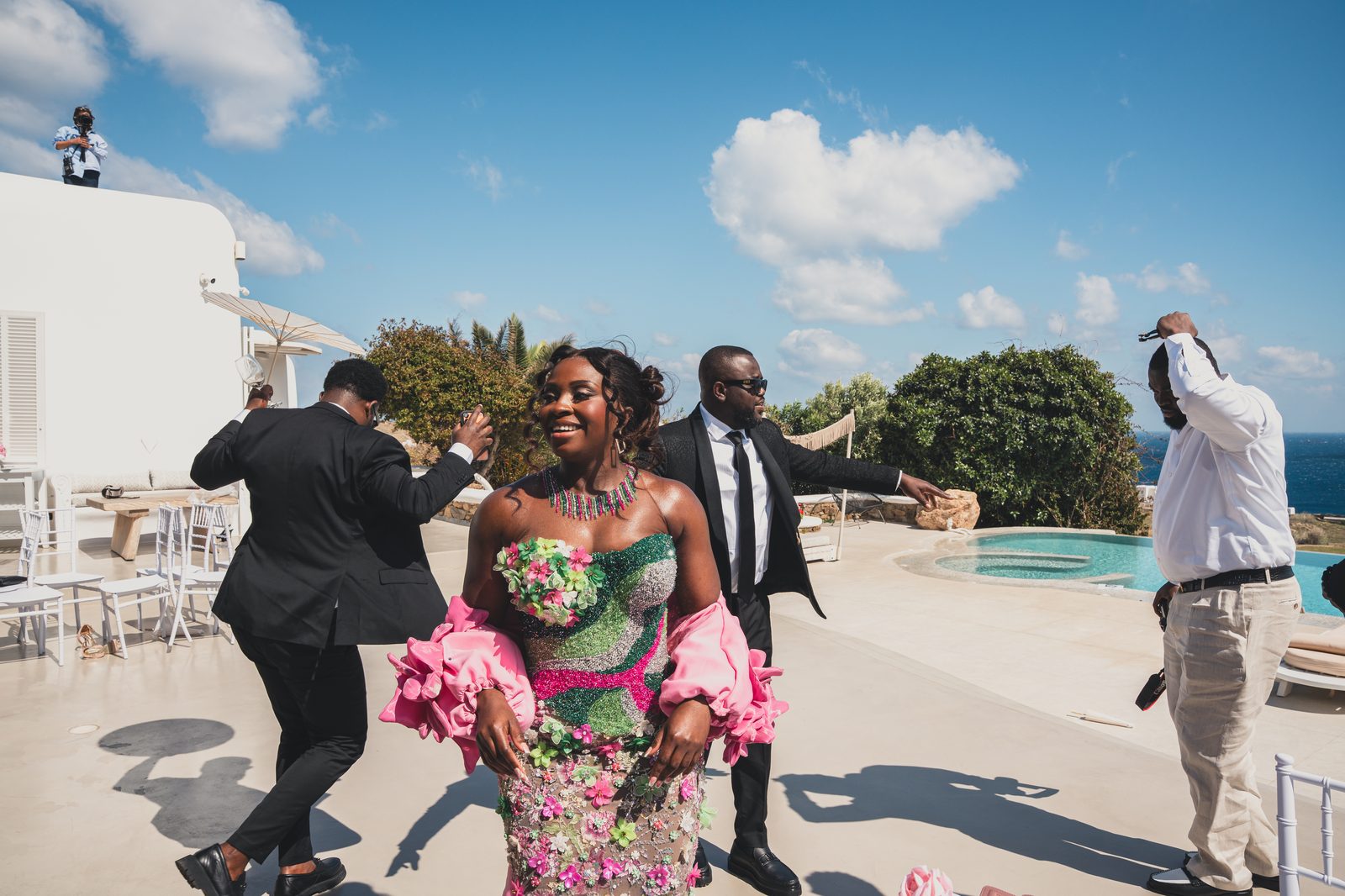 Guest in a beaded floral gown
